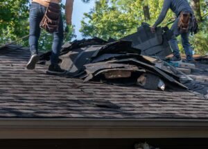 Homeowner inspecting roof edges with binoculars, gloves, ladder, and roof rake beside a house.