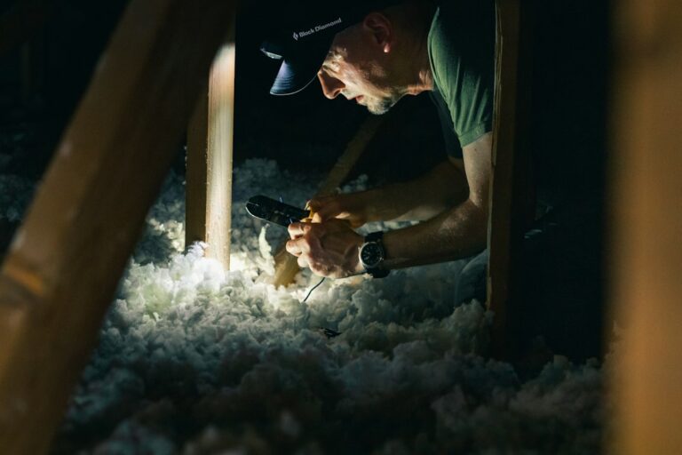 Homeowner inspecting roof gutters from the ground beside a house before leaving for vacation.